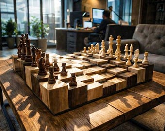 3D Wooden Chess Set Handmade 40x40 cm – Elevated Chess Board 10 cm Height – Unique Chess Gift – Modern Wooden Chessboard
