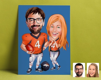 Personalisierte Familie American Football Zeichnung, Paar Football Cartoon Zeichnung, American Football Zeichnung, Sport Geschenk, Familie Geschenk