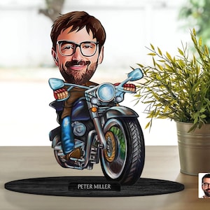 Gepersonaliseerde 3D houten cartoon motorrijder beeldje trinket, aangepast cartoonportret, verjaardagscadeau, kerstcadeau, jubileumcadeau