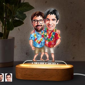 Figura de mejores amigos de dibujos animados con luz LED personalizada con soporte de madera natural, regalo de cumpleaños, luz de noche LED con retrato de dibujos animados personalizado