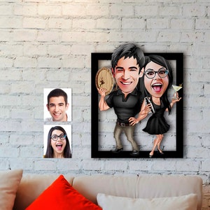 Gepersonaliseerde karikatuur paar houten muurkunst, aangepaste karikatuur, houten karikatuur, cartoon familiefoto van foto, jubileumcadeau