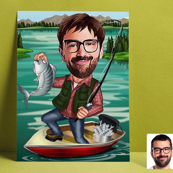 Kundengebundener Karikaturfischer B, kundenspezifische Fangfischer-Abbildung, Fischen-personalisiertes Geschenk, bestes Geschenk für Fischer, Fischergeschenk