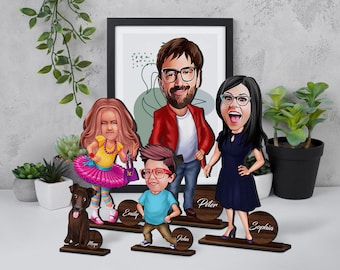 Juego de baratijas familiares de madera personalizadas con dibujos animados, muñecos familiares de madera, muñecos familiares con clavija, muñecos de foto, regalo familiar, regalo de Navidad
