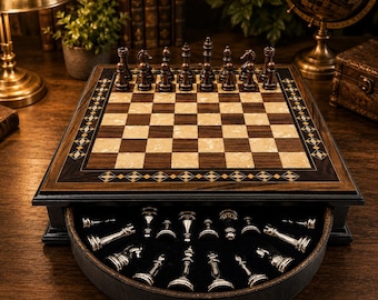 Handmade Walnut Chess Set with Drawer, Mosaic Wooden Chess Board, Rosewood Inlay, Luxury Chess Gift, 36x36 cm