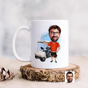 Personalized Coffee Mug with Golf Player Caricature Portrait Drawing, Custom Cartoon Golfer Coffee Mug, Colored Mug, Tea Cup, Gift for Him
