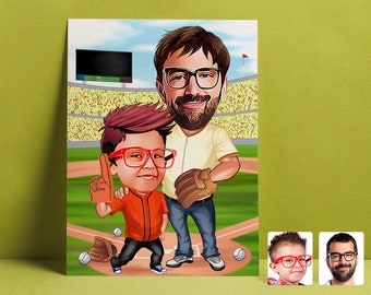 Dessin personnalisé de joueurs de baseball père et fils, dessin de bande dessinée de joueurs de baseball familiaux, dessin de baseball, cadeau de sport, cadeau de famille