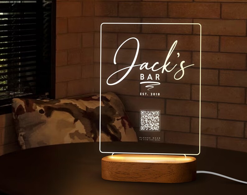 Custom LED Qr Code Menu Sign LED Decor With Natural Wood Etsy