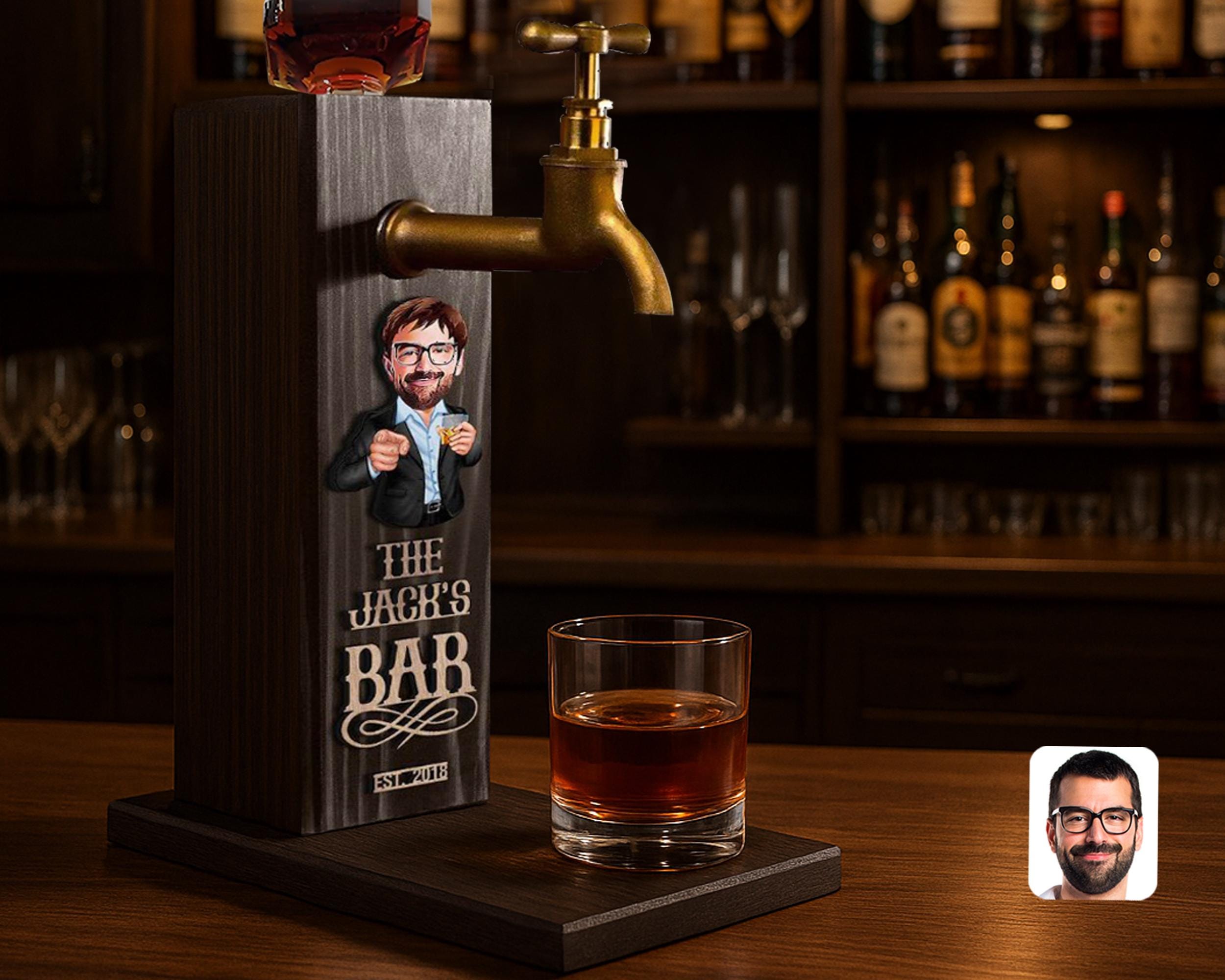 Personalized Embossed Name Wooden Whiskey Dispenser with Cartoon, Bar, Home Bar, Pub and Pub Shed, Wine, Vodka Dispenser, Whiskey Fountain