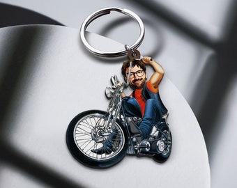 Llavero con caricatura de motociclista personalizada, regalo para él, llavero personalizado, regalo de novio, retrato de dibujos animados, regalo para motociclista