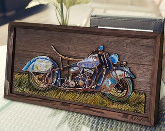 Handmade 3D Oak Tree Vintage Motorcycle Wood Painting, Custom Wood