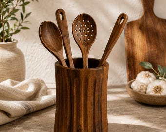Porte-ustensiles en bois d'acacia, 16 cm | Ustensile de cuisine en bois Ripple | Organiseur de comptoir rustique | Rangement décoratif