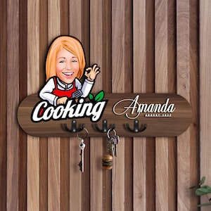 Gepersonaliseerde 3D houten halorganizer met cartoon kok, chef-kok cartoon, houten sleutelhouder, housewarmingcadeau, aangepaste karikatuur, kerstcadeau