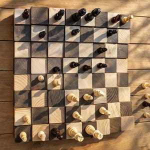 Puede incluir: Un juego de ajedrez de madera con un dise&ntilde;o &uacute;nico. El tablero de ajedrez est&aacute; hecho de cuadrados de madera claros y oscuros alternados. Las piezas de ajedrez son de color negro y crema. El juego se exhibe sobre una superficie de madera.