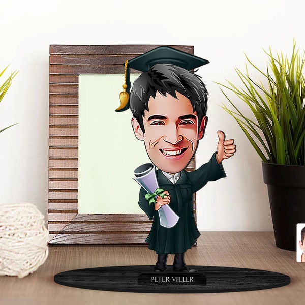 Baratija personalizada de madera de madera de dibujos animados de graduado, retrato graduado de dibujos animados personalizados, regalo de cumpleaños, regalo de Navidad, regalo para él