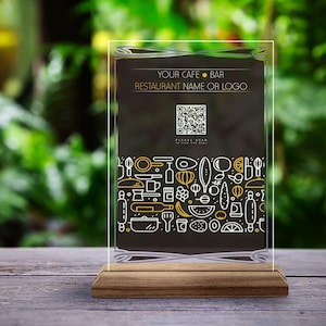 Placa de menu de código QR personalizada, placa de restaurante de madeira natural e acrílico personalizada, placa de código QR para café, mesa de código QR e decoração de mesa
