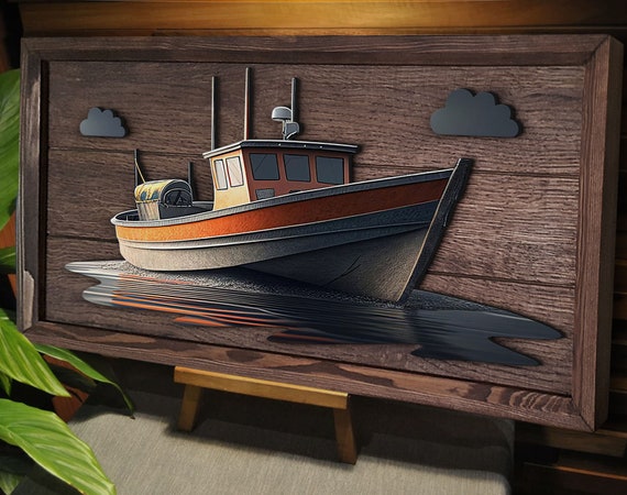 Handmade Oak Tree Sailboat / Fishing Boat Wood Painting, Custom