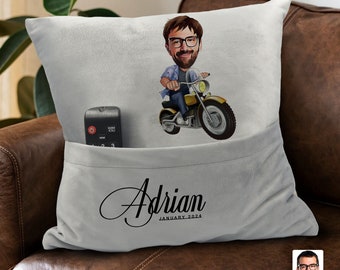 Personalized Motorcycle Cartoon Pillow with Pockets, Custom Fluffy Pillow, Home Decor, Biker Gift, Pillow with Organizer, Gift for Him