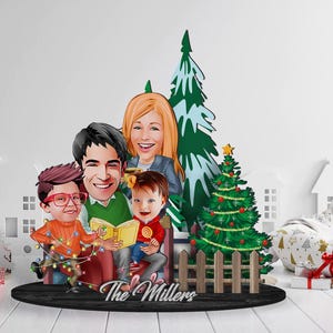 Personalisierte 3D-Karikatur 3-Schicht-Familienfigur Schmuckstück, benutzerdefiniertes Cartoon-Noel-Porträt, Holzdekor, Weihnachtsgeschenk, Familiengeschenk