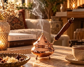 Handmade Copper Bakhoor Burner, Wooden Handle, Traditional Home Fragrance Holder