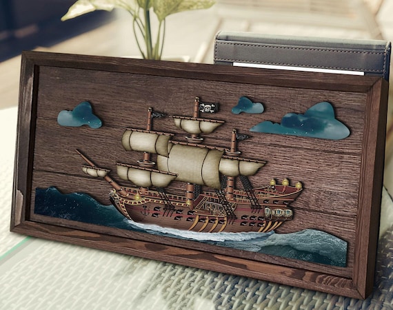 手作り 3D オーク ツリー 海賊船 / 帆船 木製絵画、カスタム木製 