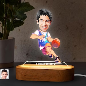 Personalized LED Light Cartoon Basketball Player Figurine with Natural Wooden Stand, Gift for Him, Custom Cartoon Portrait LED Night Light