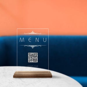 Letrero de menú con código QR hecho a medida, letrero de menú de bar y restaurante de madera natural y acrílico personalizado, letrero de código QR para cafetería, decoración de mesa con código QR