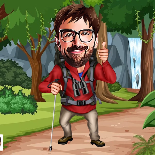 Personalized Traveler Caricature Drawing, Cartoon from Photo, Custom Hiking Portrait Drawing, Digital Art, Bobblehead, Gift for Him
