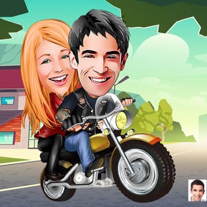 Personalized Cartoon Motorcyclist Couple Drawing, Custom Cartoon Drawing, Portrait Drawing, Caricature Drawing, Digital Art, Valentines Gift