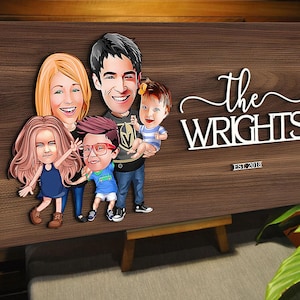 Personalized 3D Wooden Cartoon Family Name Sign, Custom Caricature Family Portrait, Home Decor, Anniversary Gift, Wall Art, Wall Decor