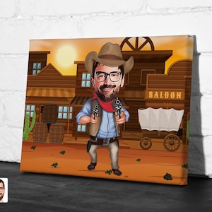 Personalized Western Caricature Drawing, Cartoon from Photo, Custom Cowboy Portrait Drawing, Digital Art, Bobblehead, Gift for Him