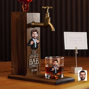 Personalized Wooden Embossed Cartooned Whiskey Dispenser and Whiskey Glass Set, VIP Gift Set, Whiskey Set, Anniversary Gift, Gift for Him