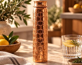 700 ml Copper Water Bottle, Honeycomb Design, Reusable Turkish Metal Flask