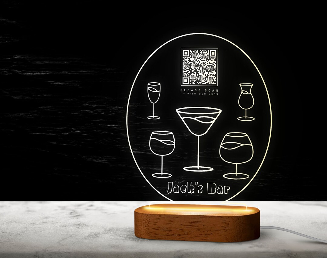 Custom LED Qr Code Menu Sign, LED Decor With Natural Wood Base ...