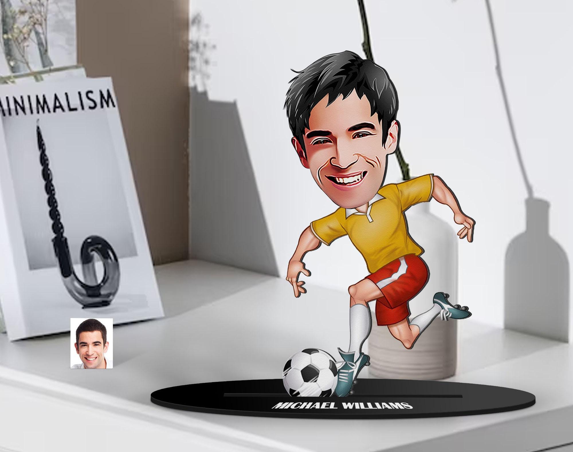 Personalized 3D Wood Cartoon Soccer Player Figurine Trinket, Anniversary Gift, Custom Caricature Football Player Portrait, Gift for Him