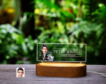 Personalized Cartoon LED Light Manager CEO Name Plate with Natural Wood Base, LED Light Name Plate, Office and Room Decoration, Gift For Him