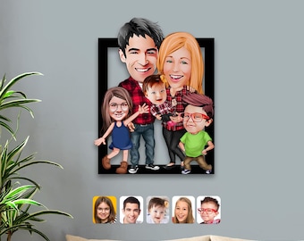 Custom Family Portrait, Caricature Personalized 3d caricature Wooden Wall Art, Custom Cartoon, Anniversary Gift For Mother, Father or Him 1