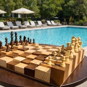 Puede incluir: Un juego de ajedrez de madera &uacute;nico con un dise&ntilde;o escalonado, con cuadrados de madera marr&oacute;n oscuro y claro y piezas de ajedrez. El juego se exhibe sobre una mesa redonda de color marr&oacute;n oscuro cerca de una piscina, creando un ambiente exterior lujoso.