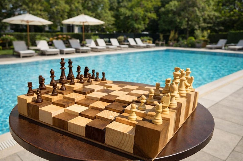 Puede incluir: Un juego de ajedrez de madera &uacute;nico con un dise&ntilde;o escalonado, con cuadrados de madera marr&oacute;n oscuro y claro y piezas de ajedrez. El juego se exhibe sobre una mesa redonda de color marr&oacute;n oscuro cerca de una piscina, creando un ambiente exterior lujoso.