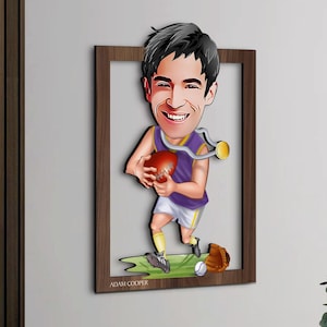 Arte murale personalizzata in 3D con cartone animato di football americano in legno, regalo di Natale, ritratto di cartone animato di football personalizzato, regalo di compleanno, regalo per lui