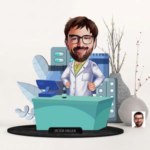 Personalisierte 3D Cartooned Apotheker Figur Schmuckstück aus Holz, Benutzerdefinierte Cartoon Apotheke Portrait, Geburtstagsgeschenk, Weihnachtsgeschenk, Geschenk für ihn