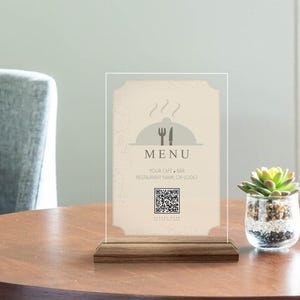 Placa de menu de código QR personalizada, placa de restaurante de madeira natural e acrílico personalizada, placa de código QR para café, mesa de código QR e decoração de mesa