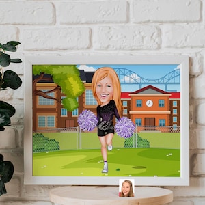 Personalized Cheerleader Caricature Drawing, Cartoon from Photo, Custom Portrait Cheerleader Drawing, Digital Art, Bobblehead, Gift for Her