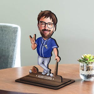 Spersonalizowana figurka 3D z drewna przedstawiająca trenera baseballu, prezent świąteczny, spersonalizowany portret sędziego, prezent urodzinowy, prezent dla niego