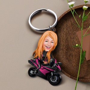 Keychain with Personalized Motorcyclist Caricature, Gift for Her, Custom Keyring, Girlfriend Gift, Cartoon Portrait, Gift for Biker