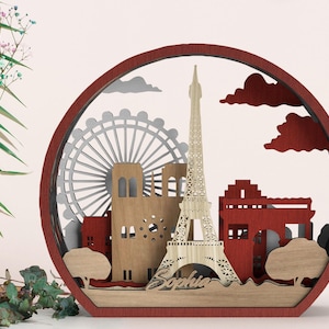Handcrafted 12 Layered 3D Paris City Wooden Decoretive Wall and Desktop Art, Custom Named 3D Shadow Box Frame, Laser Cut Artistic Shadow Box