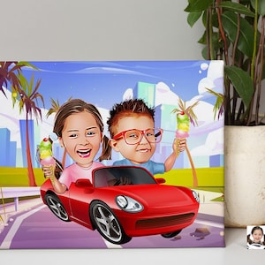 Personalized Brother ans Sister Road Trip Cartoon Drawing, Custom Cartoon Drawing, Cartoon Portrait Drawing, Caricature Drawing, Family Trip