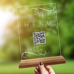 Letrero de menú con código QR hecho a medida, letrero de restaurante de madera natural y acrílico personalizado, letrero con código QR para cafetería, bar, decoración de mesa y escritorio con código QR