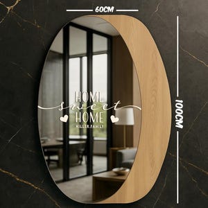 Personalized Decorative Mirror – Oval Wall Mirror with Wooden Frame – Custom Text – Housewarming Gift - Custom Wall Art - Entryway Mirror