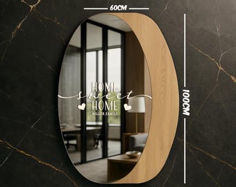 Gepersonaliseerde decoratieve spiegel – ovale wandspiegel met houten lijst – aangepaste tekst – housewarmingcadeau – aangepaste muurkunst – halspiegel
