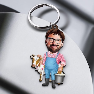Sleutelhanger met gepersonaliseerde boerenkarikatuur, cadeau voor hem, aangepaste cosbaby-sleutelhanger, verjaardagscadeau, cartoonportret, bobblehead